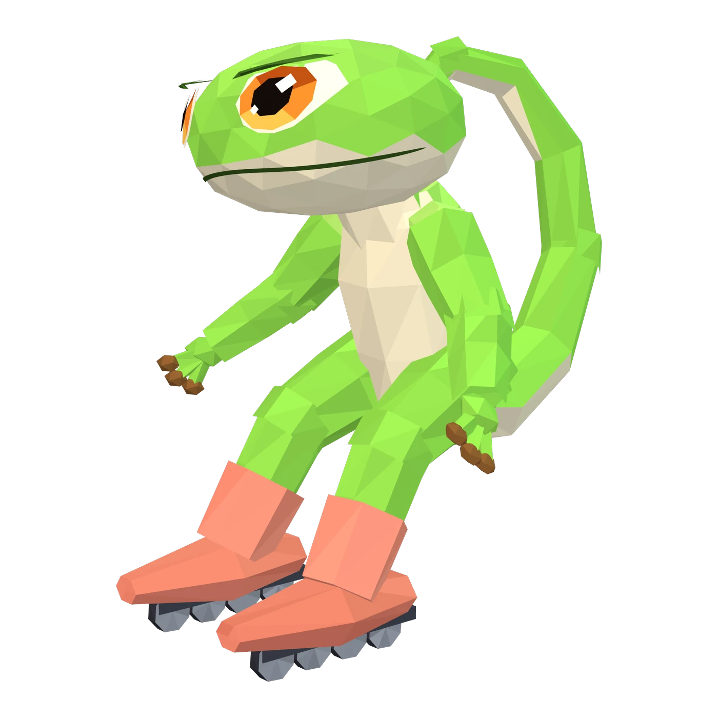 Zip's in-game 3D model: a lime-green gecko with a cream belly and chest, big orange-amber eyes, arms held out, coral inline skates with four dark grey wheels each and a long tail that curls up behind him, in three-quarter view.