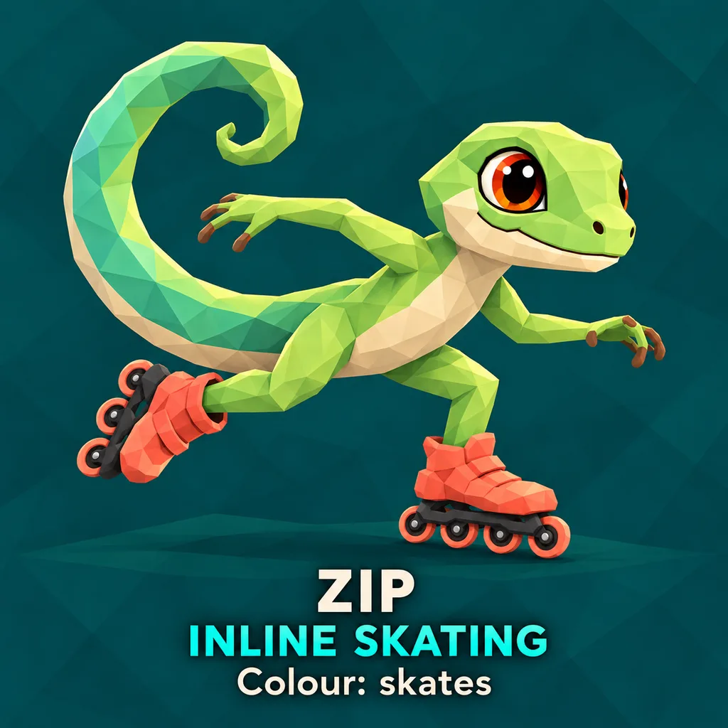 Original concept art of Zip the gecko skating on orange inline skates, arms out, with a lime green body, a cream belly and a long curled tail.