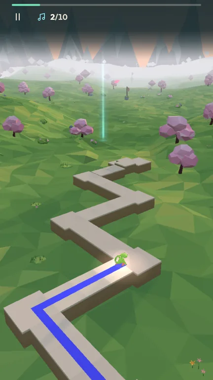 Zip, a small green gecko on skates, rolling along a zigzag stone path over a green meadow with pink trees in the First Light level, with the progress bar and note counter at the top.