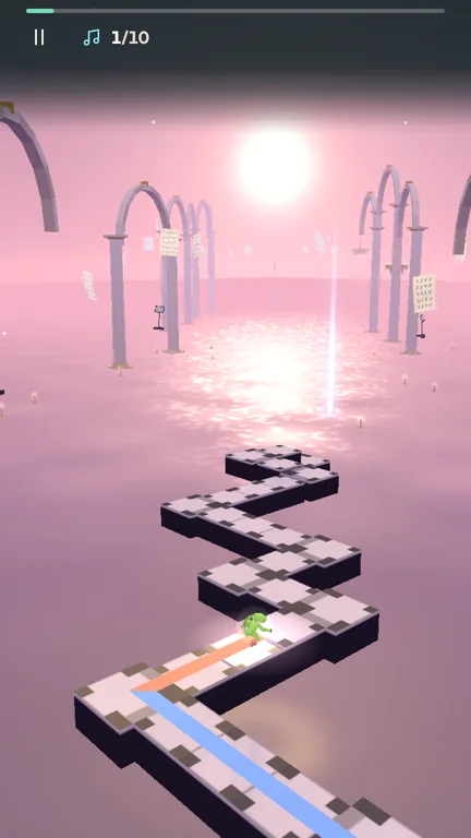Zip, a small green gecko on skates, rolling along a pale chequered path over a glowing pink sea with stone arches and a bright sun in the Nocturne level, with the progress bar and note counter at the top.