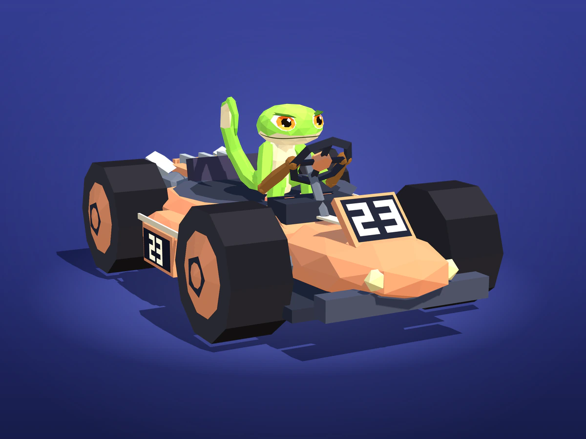 Zip, a lime gecko with one hand raised, at the wheel of an apricot number 23 kart.