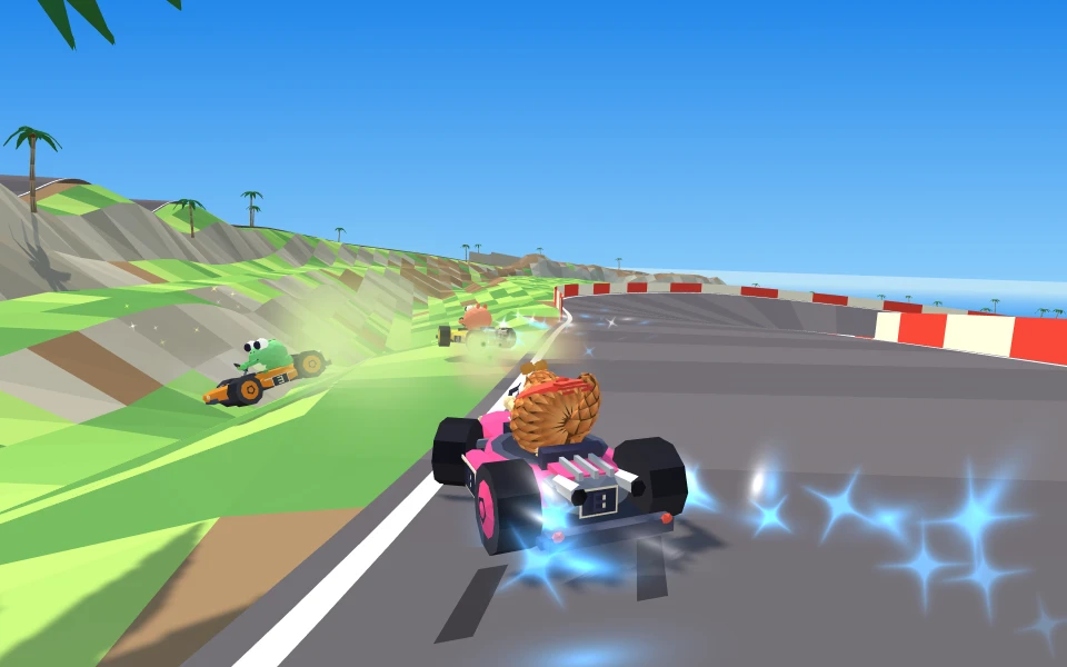 Raz drifting round a corner of Pebble Bay in his pink kart, with blue sparks flying from the back wheels, Hop the frog on the grass verge and another racer in the dust close behind.