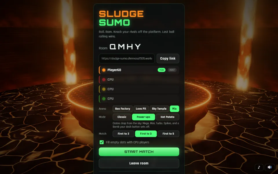 The Sludge Sumo room screen over the Lava Pit arena: the room code and invite link, four player seats, and the arena, mode and match-length choices above the Start match button.