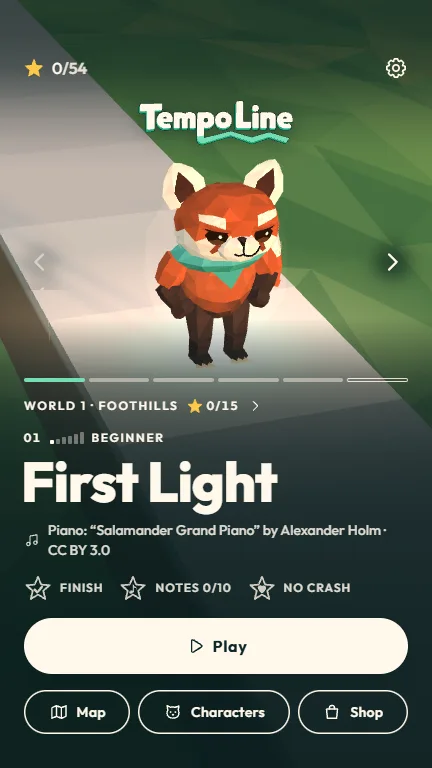 Tempo waiting in First Light's dawn meadow on Tempo Line's home screen.