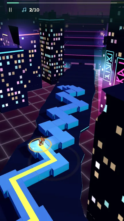 Tempo following the glowing route in Neon Drift.