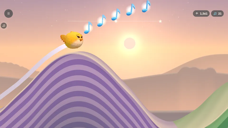 Trill, a round yellow songbird, flying over striped green and lavender meadow hills at sunrise towards a row of glowing music notes.