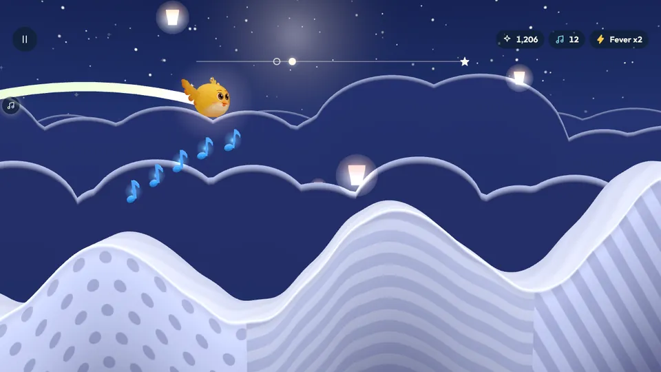 Trill flying over pale cloud hills at night, past a run of blue music notes, with paper lanterns rising in the starry sky.